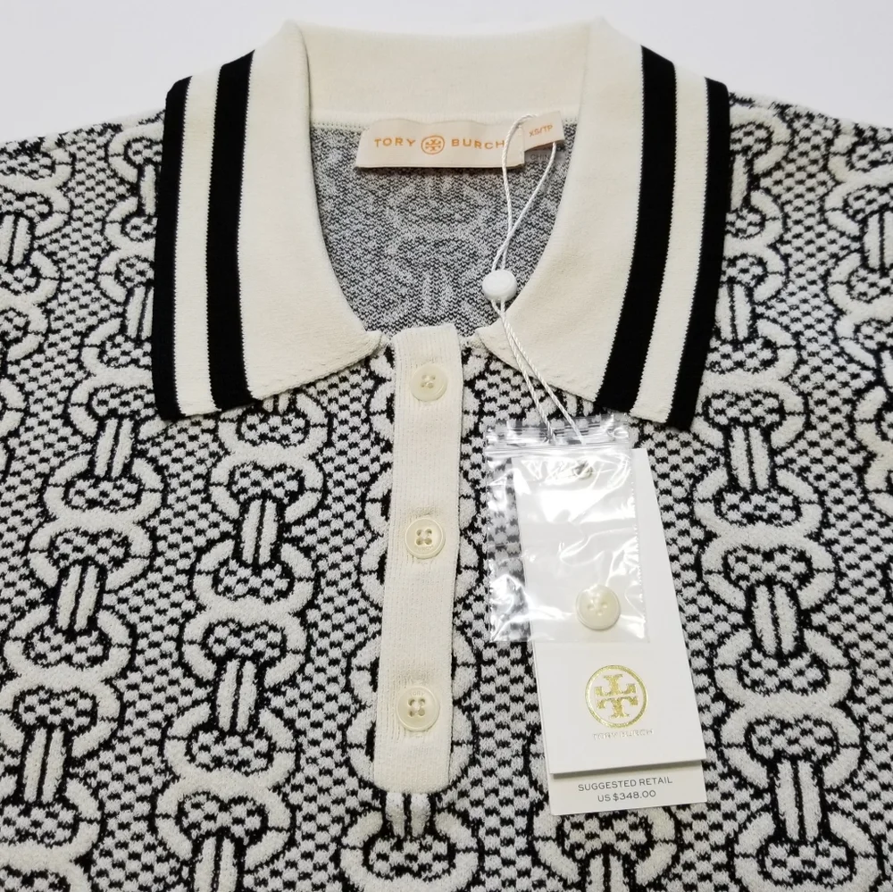 NWT Tory Burch Gemini Link Sweater Polo Shirt Top in New Ivory Black Size S $348